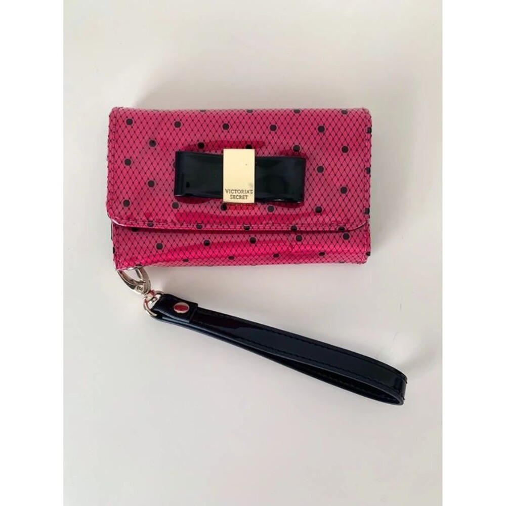 Victoria's Secret PINK Hot Pink Black Polka Dot Bow Wristlet Wallet